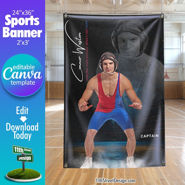 Wrestling Banner Canva Template, Design Your Own Custom Senior Wrestling Team Sports Banners in Canva, Wrestling Background, Reflection