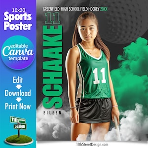 Modelo de pôster de hóquei de campo Canva, crie seus próprios pôsteres esportivos personalizados de times de hóquei de campo sênior no Canva, lendas do esporte