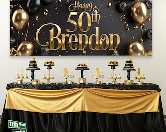 Custom Black Gold Birthday Party Sign, 30th Birthday Banner, 50th Birthday Sign, Personalized 40th Birthday Backdrop, Milestone Birthday