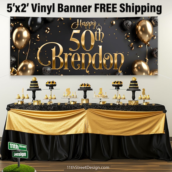 Custom Black Gold Birthday Party Sign, 30th Birthday Banner, 50th Birthday Sign, Personalized 40th Birthday Backdrop, Milestone Birthday