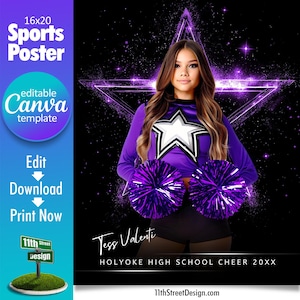Cheerleader Poster Canva Template, Design Your Own Custom Senior Cheer Team Sports Posters in Canva, Sparkling Star Cheerleading