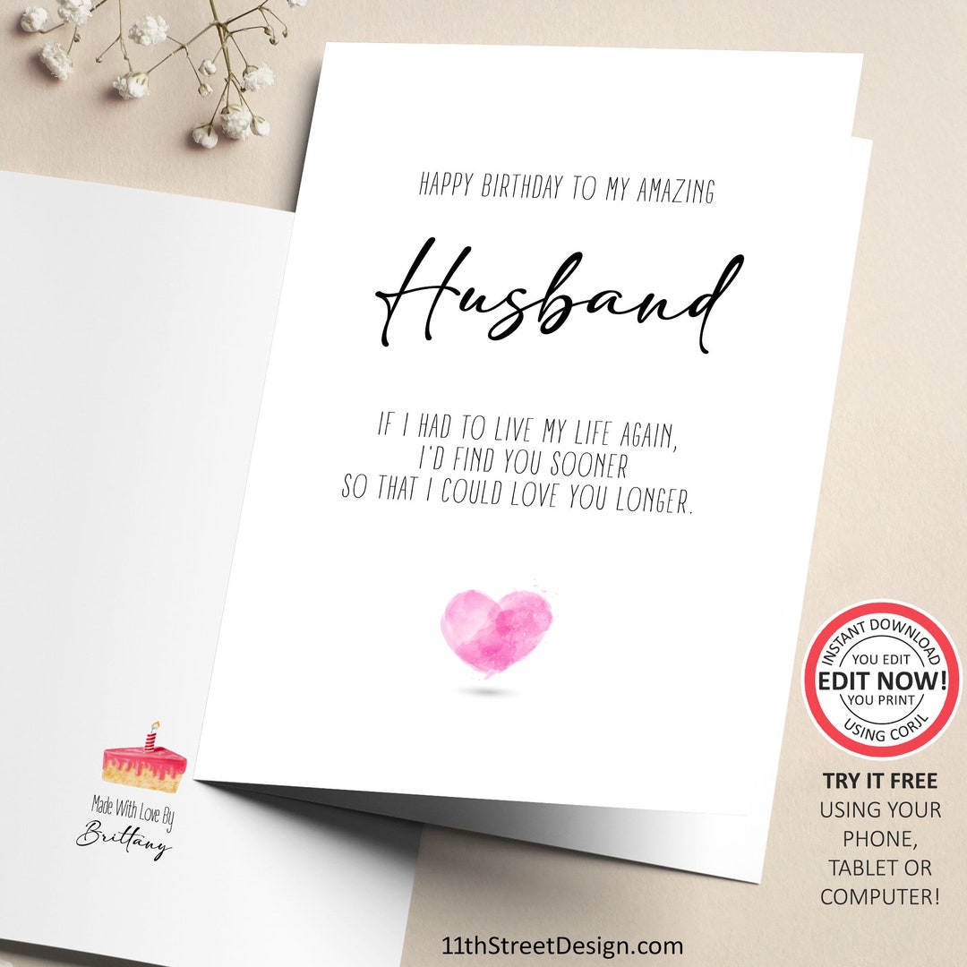Printable Birthday Card For Husband Digital Download You Edit You
