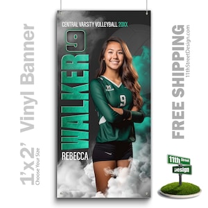 May include: A volleyball player in a green and black uniform with the number 9 on the front. The player is standing in front of a black and white background with a green and white smoke effect. The text "WALKER" is written in large green letters on the left side of the image. The text "REBECCA" is written in white letters below the player's name. The text "CENTRAL VARSITY VOLLEYBALL 20XX" is written in white letters at the top of the image.