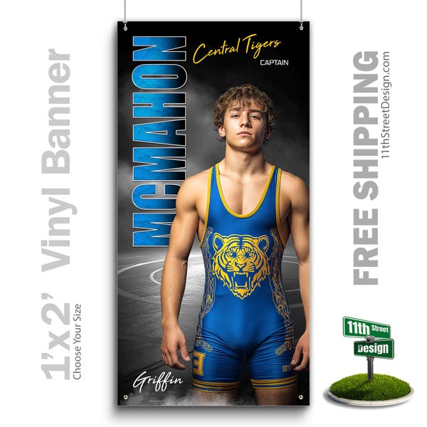 Custom-Printed Vinyl Wrestling Banner, Weatherproof High School Senior Night Sports Poster, Personalized Team Photo Banners, Standout