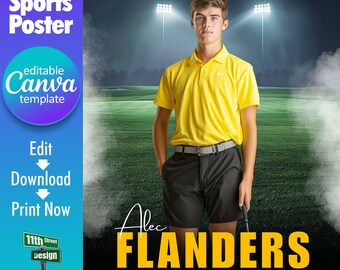 Golf Poster Canva Template, Design Your Own Custom Senior Golf Team Sports Posters in Canva, Golf Background, Stadium Lights