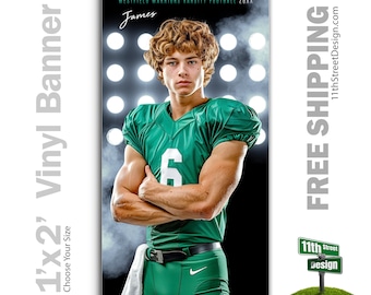 Custom-Printed Vinyl Football Banner, Weatherproof High School Senior Night Sports Poster, Personalized Team Photo Banners, Floodlights