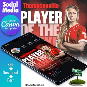 Könnte beinhalten: Eine Social-Media-Post-Vorlage für eine Softballspielerin der Woche. Die Vorlage hat ein rot-schwarzes Farbschema mit dem Text "Spielerin der Woche" und einem Foto einer Softballspielerin. Die Vorlage enthält auch den Namen der Spielerin, ihr Team und ihre Social-Media-Handles.