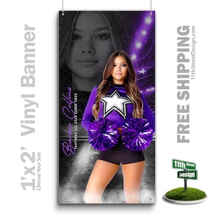 May include: A purple and white cheerleading uniform with a star on the front. The cheerleader is holding purple pom-poms. The background is a black and purple stadium with lights. The text "Barber Collins" and "PANTHERS ALL-STAR CHEER 20XX" is on the banner.