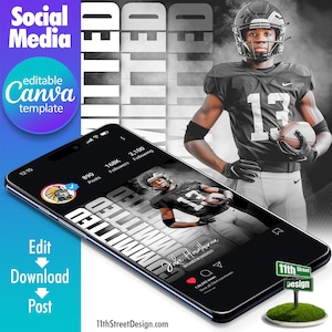 Puede incluir: Una plantilla de publicación en redes sociales en blanco y negro para un jugador de fútbol americano. La plantilla presenta una foto de un jugador de fútbol americano con una camiseta negra con el número 13. El texto "Committed" está escrito en letras grandes y negritas en la parte superior de la plantilla. El nombre del jugador y el nombre de la universidad para la que juega también están incluidos en la plantilla.