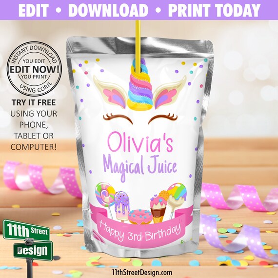 EDITABLE Unicorn Capri Sun Juice Pouch Labels Magical Rainbow Etsy