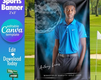 Golf Banner Canva Template, Design Your Own Custom Senior Golf Team Sports Banners in Canva, Golf Background, Electric Explosion
