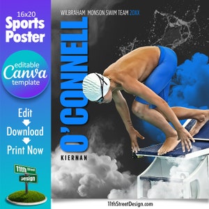 Swimming Poster Canva Template, Design Your Own Custom Senior Swim Team Sports Posters in Canva, Swimming Background, Sports Legends