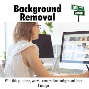 May include: A woman sits at a computer, looking at a screen filled with images. The text on the screen reads "11th Street Design". The text "Background Removal" is displayed above the image. The text "With this purchase, we will remove the background from 1 image." is displayed below the image.