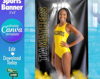 Swimming Banner Canva Template, Design Your Own Custom Senior Swim Team Sports Banners in Canva, Swimming Background, Under The Lights
