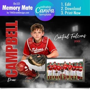 Puede incluir: Plantilla de recuerdo de béisbol con un joven receptor con uniforme rojo. El diseño incluye el texto "CAMPBELL" y "Drew", junto con una foto del equipo. La plantilla mide 20,32 x 25,4 cm. También se ven las palabras "Central Falcons" y "20XX".