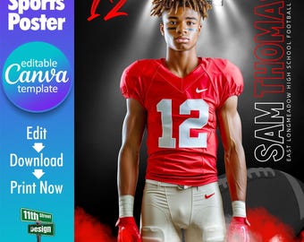 Peut inclure: Une affiche sportive avec un joueur de football américain portant un maillot rouge avec le numéro 12. L'affiche comprend le texte "16x20 Sports Poster", "editable Canva template" et "Print Now". Le joueur s'appelle Sam Thomas.