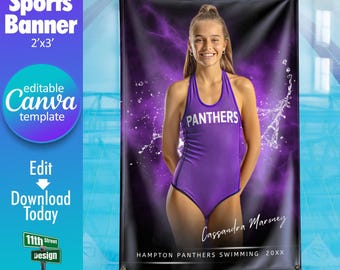 Swimming Banner Canva Template, Design Your Own Custom Senior Swim Team Sports Banners in Canva, Swimming Background, Electric Explosion