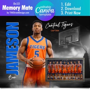 Pode incluir: Um modelo digital de recordação com um jogador de basquete em uniforme laranja e azul segurando uma bola de basquete. O texto diz "Central Tigers" e "JAMESON". Inclui uma foto da equipe e instruções para editar, baixar e imprimir.