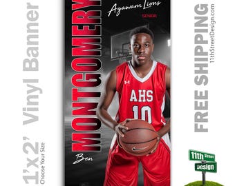 May include: A red and white basketball banner featuring a young man in a red jersey holding a basketball. The banner reads "MONTGOMERY" in large red letters, with "AHS 10" on the jersey. The banner is 1' x 2' in size.