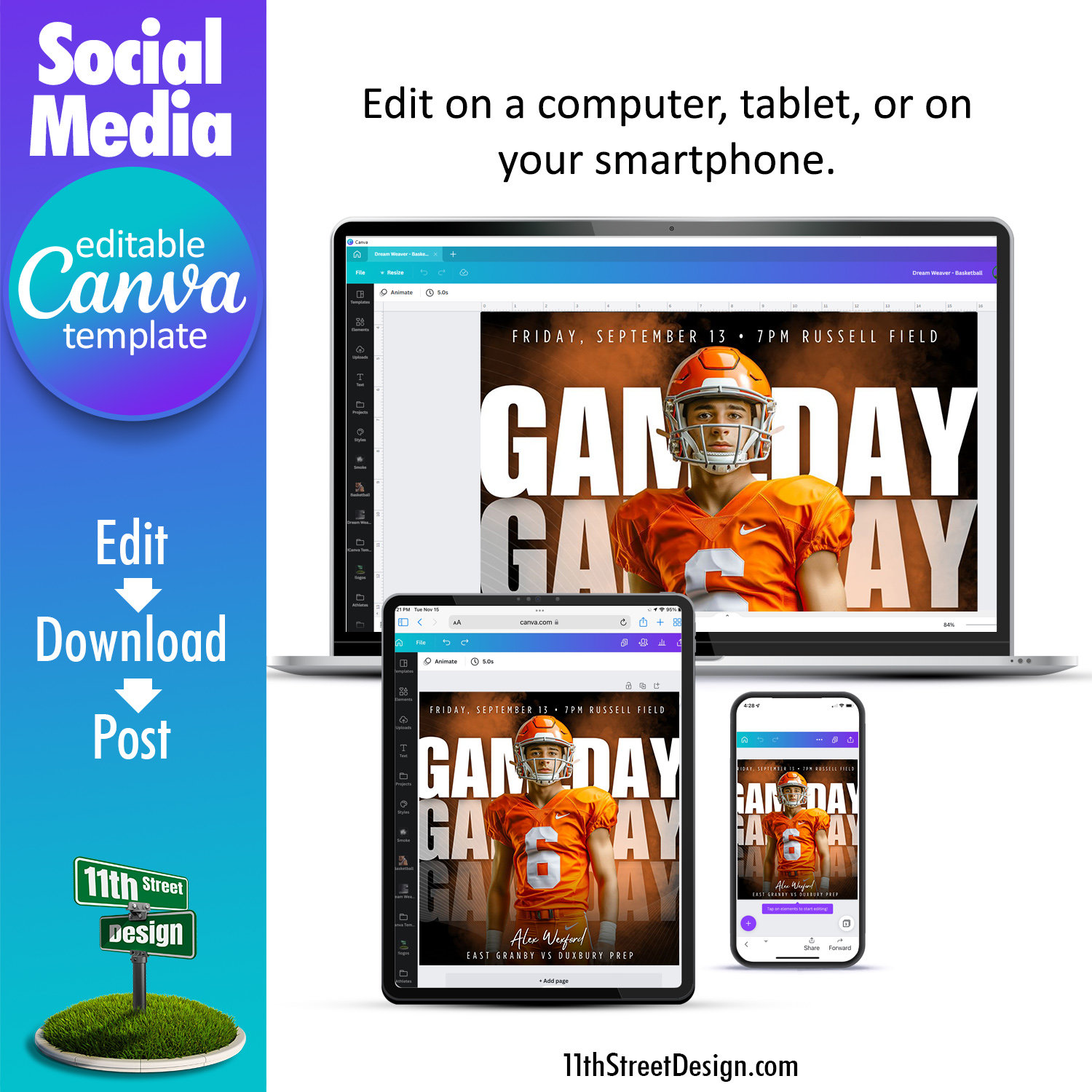 Football Game Day Social Media Canva Template, Design Your Own Sports ...