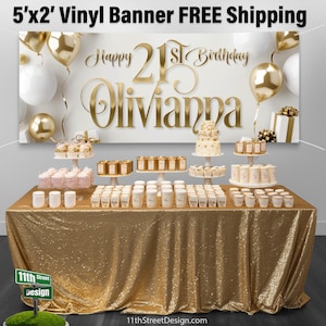 Custom White Gold Birthday Party Sign, 30th Birthday Banner, 50th Birthday Sign, Personalized 40th Birthday Backdrop, Milestone Birthday