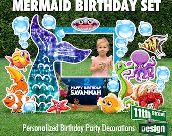 Personalized Mermaid Birthday Party Lawn Decorations, Photo Frame Yard Sign Set, Mermaid Party Theme Signs, Yard Card Business Supplier
