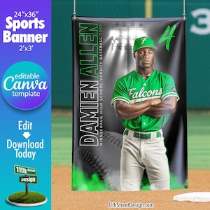 May include: A black and green sports banner with a baseball player wearing a green jersey with the word "Falcons" on it. The banner also includes the player's name, "Damien Allen", and the text "Minnechaug High School Varsity Baseball 20XX".