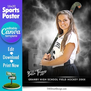 Modelo de pôster de hóquei em campo Canva, crie seus próprios pôsteres esportivos de time de hóquei em campo sênior personalizados no Canva, explosão elétrica