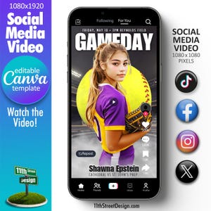 Könnte beinhalten: Eine Social-Media-Videovorlage für ein Spieltag-Event. Die Vorlage zeigt eine junge Frau, die einen Softball hält, mit dem Text "GAMEDAY" in großen, fetten Buchstaben. Das Video spielt vor dem Hintergrund eines Baseballfeldes. Die Vorlage enthält Social-Media-Icons für TikTok, Facebook, Instagram und Twitter.