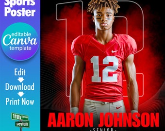 May include: A red and black sports poster with a photo of a football player wearing a red jersey with the number 12 on it. The player is standing in front of a red and black background with the text "EAST LONGMEADOW FOOTBALL 20XX" at the top. The player's name, "AARON JOHNSON", is written in large red letters at the bottom of the poster, along with the text "SENIOR".