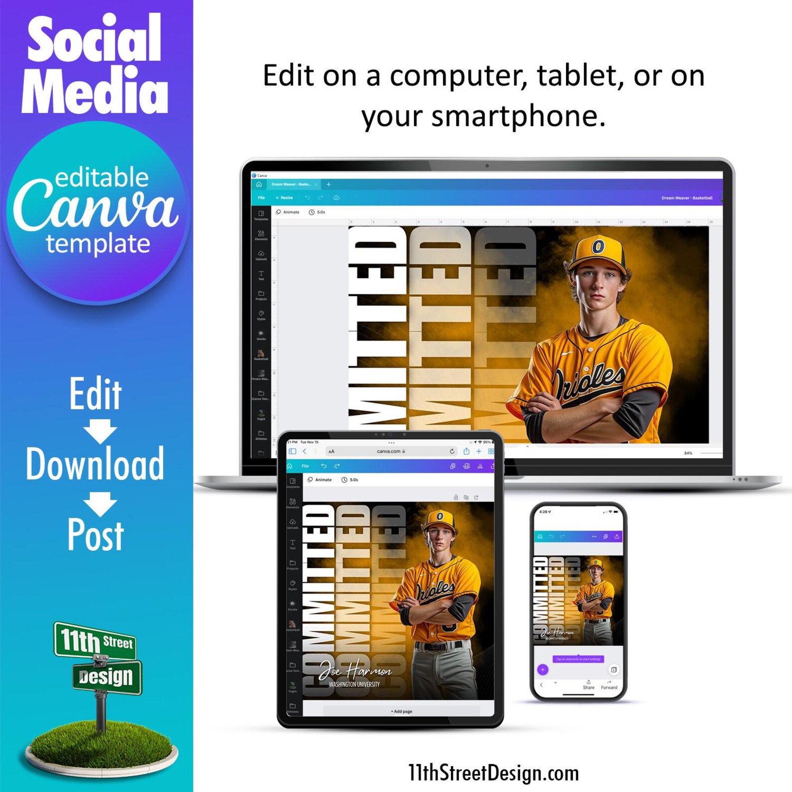 Baseball Committed Social Media Canva Template, Design Your Own Sports ...