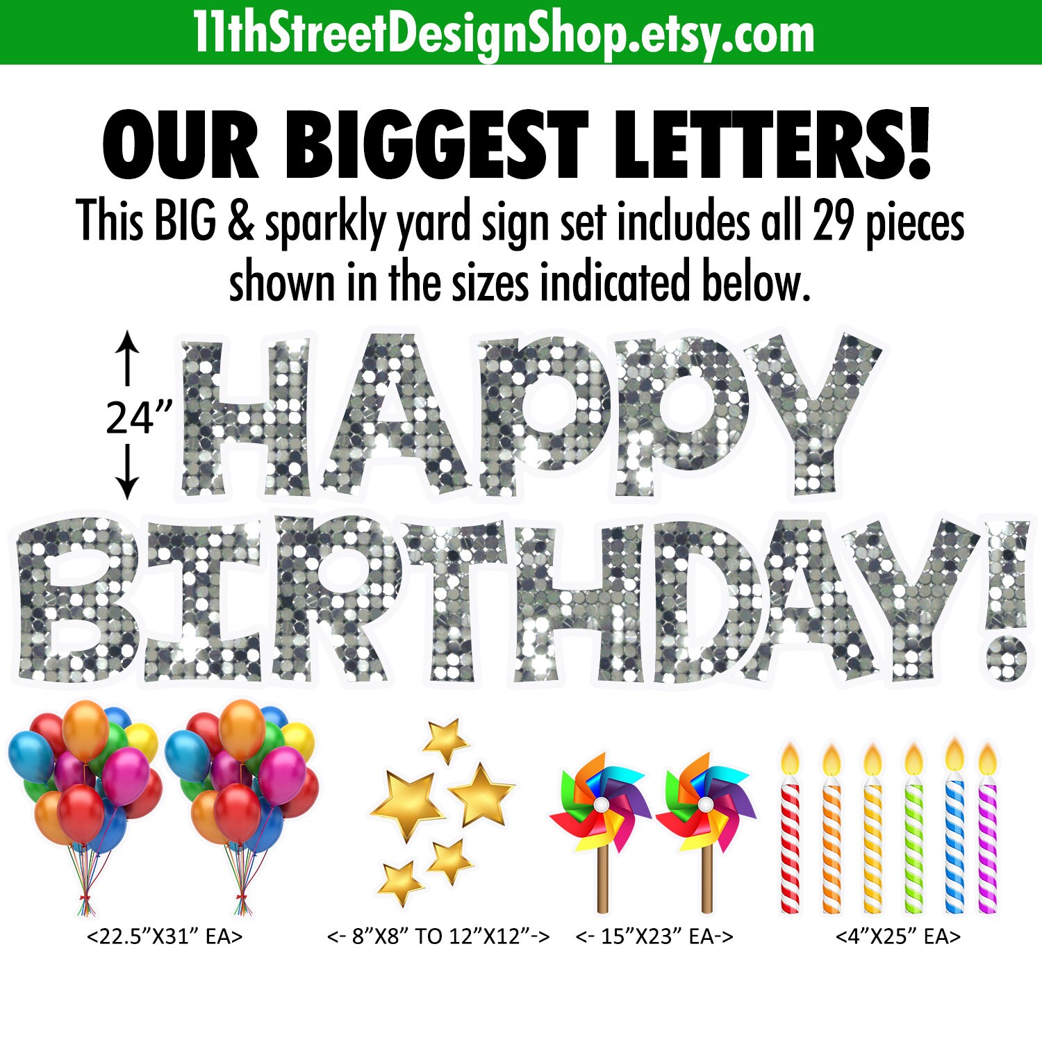 Birthday Party Lawn Greeting 24 Happy Birthday Yard Letters Yard Card Business Supplier 24 Letters BIG Silver Sparkles Lawn Decorations