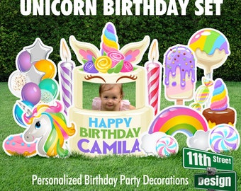 Personalized Unicorn Birthday Party Lawn Decorations, Unicorn Cake Photo Frame Set, Unicorn Theme, Rainbow, Yard Card Business Supplier 0003