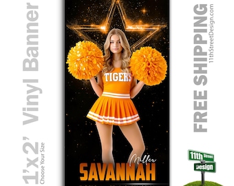 Custom-Printed Vinyl Cheer Banner, Weatherproof High School Senior Night Sports Poster, Personalized Team Photo Banners, Sparkling Star
