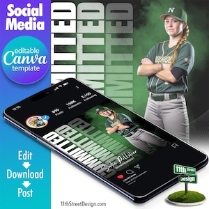 Könnte beinhalten: Eine schwarze und grüne Social-Media-Post-Vorlage mit dem Text "Committed" in Weiß. Die Vorlage zeigt ein Foto einer weiblichen Baseballspielerin, die eine grün-weiße Uniform mit dem Text "WHIOL" auf der Vorderseite trägt. Die Spielerin steht mit verschränkten Armen da und blickt in die Kamera. Die Vorlage enthält auch den Namen der Spielerin, "Sophie Pelletier", und den Text "Washington University" in Weiß. Die Vorlage ist für die Verwendung auf Instagram und anderen Social-Media-Plattformen konzipiert.