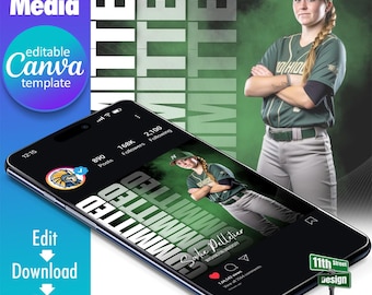 Op de afbeelding: Een zwarte en groene social media post-sjabloon met de tekst "Committed" in wit. Het sjabloon bevat een foto van een vrouwelijke honkbalspeler die een groen-wit uniform draagt met de tekst "WHIOL" op de voorkant. De speler staat met gekruiste armen en kijkt naar de camera. Het sjabloon bevat ook de naam van de speler, "Sophie Pelletier", en de tekst "Washington University" in wit. Het sjabloon is ontworpen voor gebruik op Instagram en andere social media platforms.
