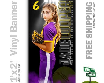 May include: A black and yellow softball banner with a girl in a purple and yellow uniform holding a baseball glove. The banner has the text "JADE Looper" and "Westfield High School Softball 20XX".