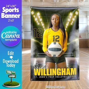 Könnte beinhalten: Ein schwarzes und gelbes Volleyball-Banner mit einer Sportlerin, die einen Volleyball hält. Das Banner hat einen grünen Hintergrund mit weißen Scheinwerfern und den Text "Shaniah WILLINGHAM ST. JOHN'S PREP VOLLEYBALL 20XX" in Gelb. Das Banner ist 61 cm x 91 cm groß.