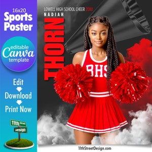 Modelo de pôster de líder de torcida Canva, crie seus próprios pôsteres esportivos personalizados de equipe de torcida sênior no Canva, plano de fundo de líder de torcida, lendas esportivas