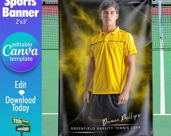 Tennis Banner Canva Template, Design Your Own Custom Senior Tennis Team Sports Banners in Canva, Tennis Background, Electric Explosion