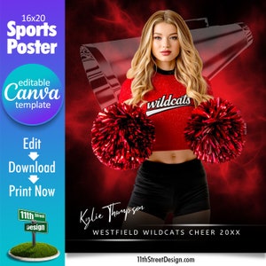 Modelo de pôster de líder de torcida Canva, crie seus próprios pôsteres esportivos personalizados de equipe de torcida sênior no Canva, Electric Explosion Cheerleading
