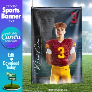 May include: A customizable sports banner template featuring a football player in a red and gold uniform with the number 3 on the front. The banner is black with white text that reads "Michael Cordova" and "ST. JOHN'S PREP FOOTBALL 20XX". The banner also includes the text "3 CAPTAIN" in red.