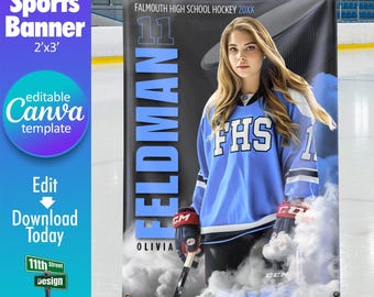 May include: A customizable sports banner template featuring a hockey player wearing a blue jersey with white and black accents. The banner includes the player's name, number, and school name: Falmouth High School Hockey 20XX. The banner is 24 inches by 36 inches and is available in a 2 foot by 3 foot size.