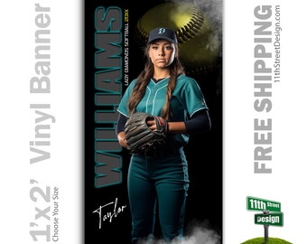 May include: A black and teal softball banner featuring a player holding a glove and a softball. The banner displays the text "WILLIAMS" in large black letters with a teal outline, "Taylor" in cursive script, and "LADY DIAMONDS SOFTBALL 20XX".