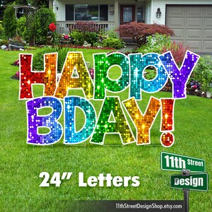 Happy Birthday Hot Pink Glitter 24 Tall Letters With 2 Cupcakes /& 2 Gift Boxes Corrugated Plastic