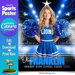 Cheerleader Poster Canva Template, Design Your Own Custom Senior Cheer Team Sports Posters in Canva, Cheerleading Background, Stadium Lights