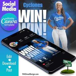 Könnte beinhalten: Eine Social-Media-Post-Vorlage für ein Sportteam. Die Vorlage hat ein blaues und weißes Farbschema mit den Worten "Cyclones" und "WIN!" in großen weißen Buchstaben. Die Vorlage enthält auch ein Foto einer Sportlerin in einer blau-weißen Baseballuniform. Der Text "168K Follower" und "2,100 Following" ist in der oberen rechten Ecke der Vorlage sichtbar.