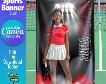 Tennis Banner Canva Template, Design Your Own Custom Senior Tennis Team Sports Banners in Canva, Tennis Background, Under The Lights