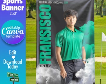 May include: A black and green sports banner with a photo of a golfer. The banner reads "DUXBURY HIGH SCHOOL GOLF 20XX" and "FRANSISCO NICHOLAS".