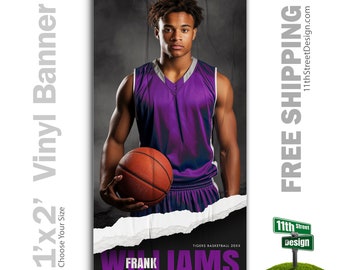 Custom-Printed Vinyl Basketball Banner, Weatherproof High School Senior Night Sports Poster, Personalized Team Photo Banners, Torn Paper
